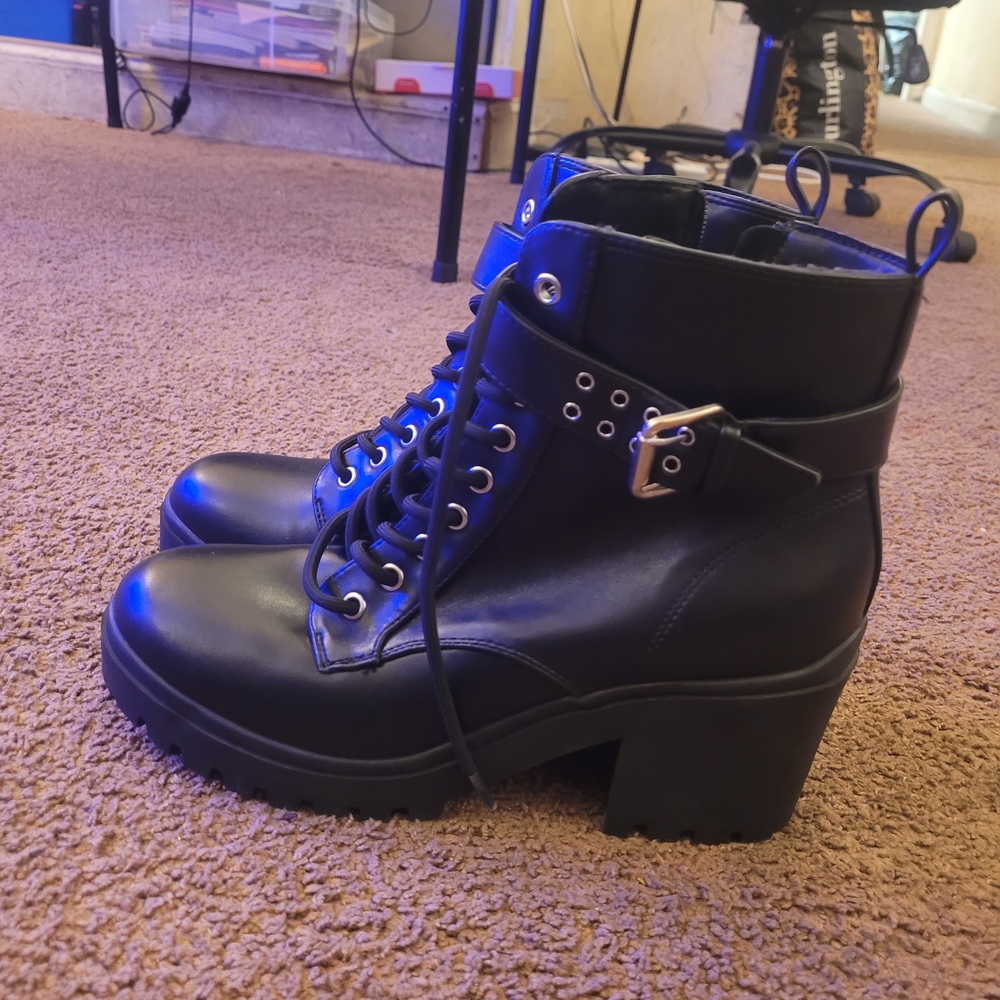 No Boundaries Black Combat Boots with Silver Accents And Thick Heel